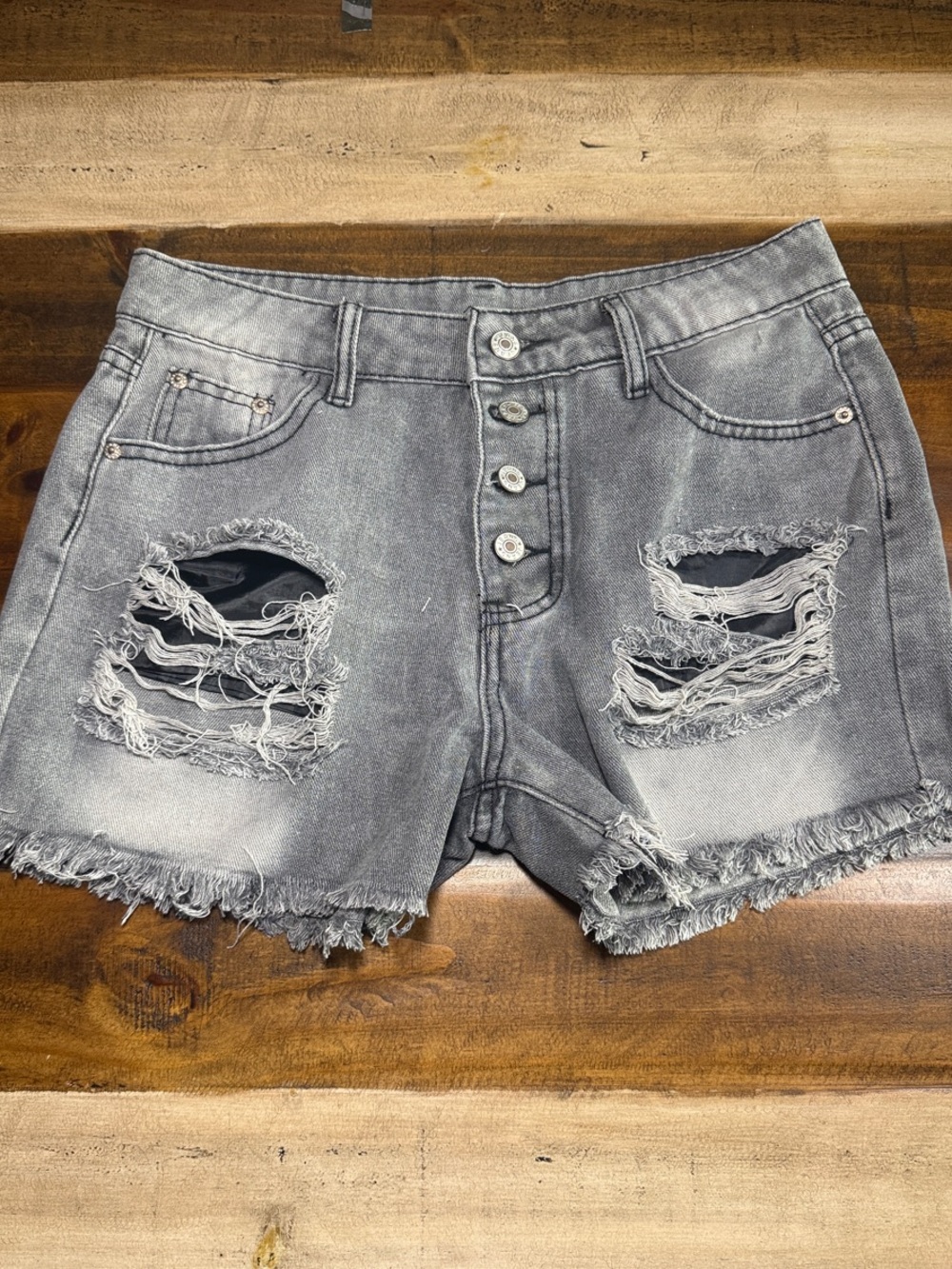 Women’s Distressed Gray Denim Shorts - Casual Frayed Hem